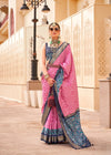 Tickle Me Pink And Navy Blue Woven Printed Patola Silk Saree