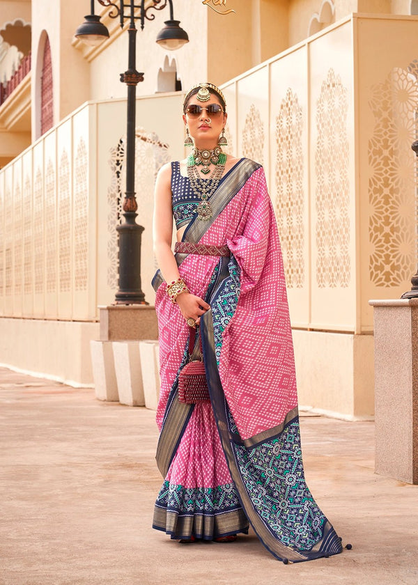 Tickle Me Pink And Navy Blue Woven Printed Patola Silk Saree