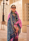 Tickle Me Pink And Navy Blue Woven Printed Patola Silk Saree