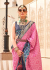 Tickle Me Pink And Navy Blue Woven Printed Patola Silk Saree