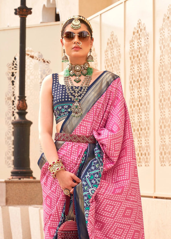 Tickle Me Pink And Navy Blue Woven Printed Patola Silk Saree