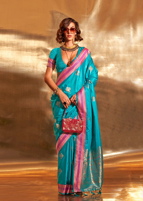 Tiffany Blue Handloom Woven Satin Silk Saree
