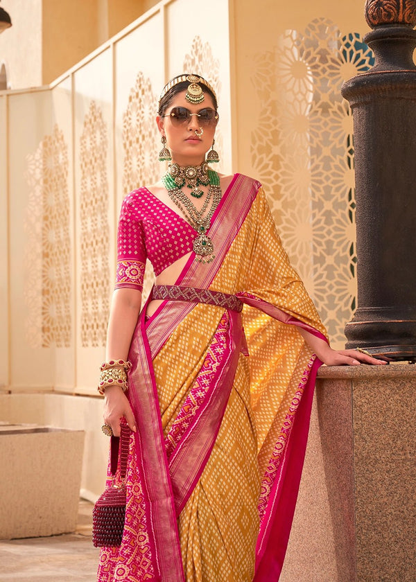 Tiger's Eye Yellow And Carmine Pink Woven Printed Patola Silk Saree