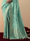 Turquoise Banarasi Silk Saree With Contrast Blouse