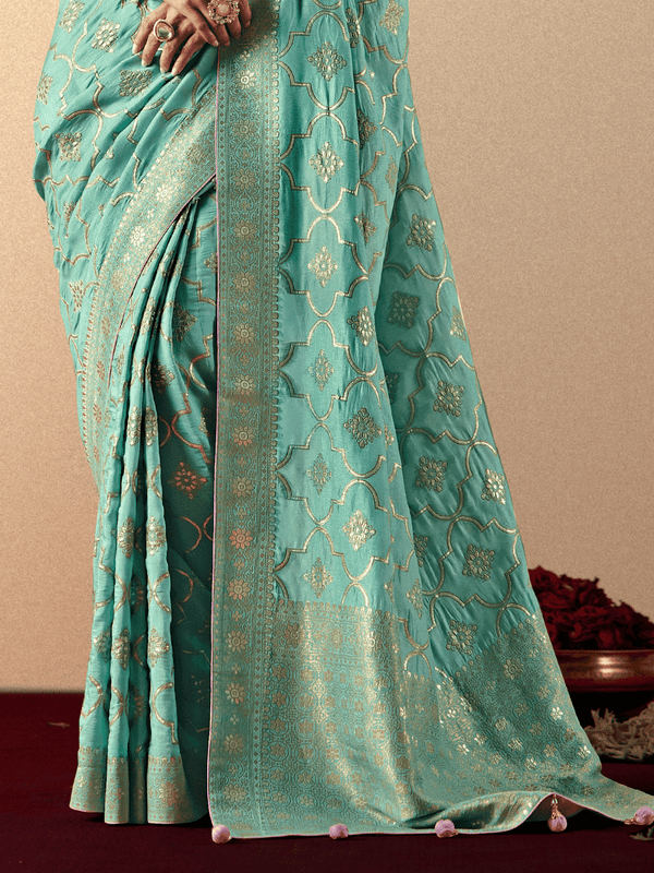 Turquoise Banarasi Silk Saree With Contrast Blouse