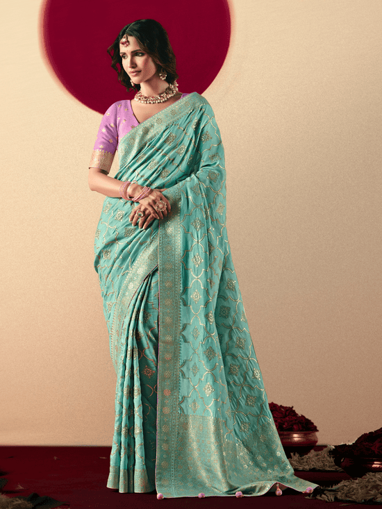 Turquoise Banarasi Silk Saree With Contrast Blouse
