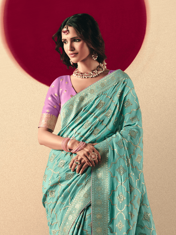 Turquoise Banarasi Silk Saree With Contrast Blouse