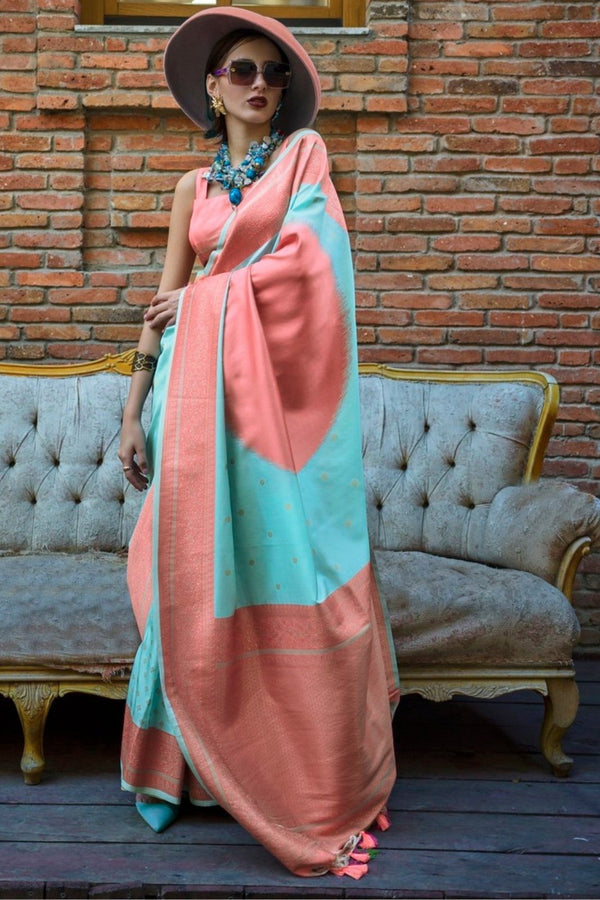 Turquoise Blue and Peach Soft Silk Saree
