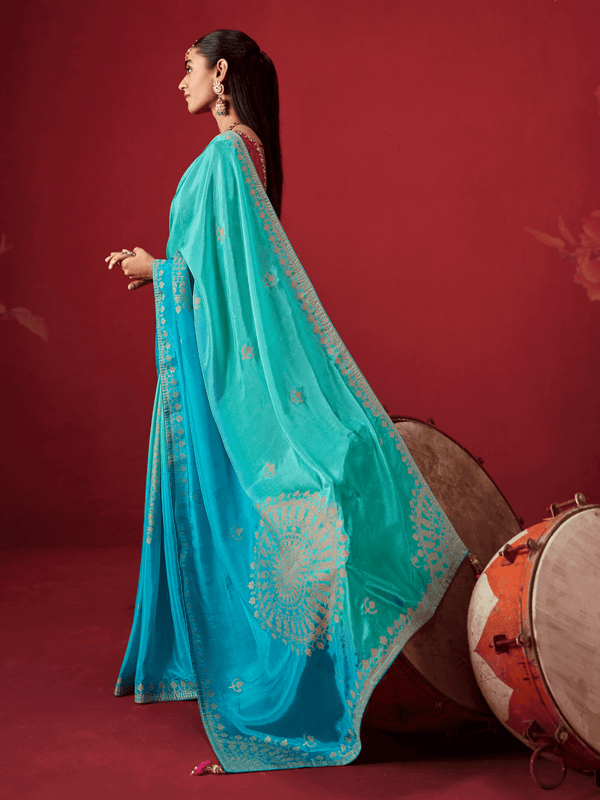 Turquoise Blue Banarasi Dola Silk Saree With Contrast Blouse