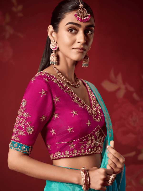 Turquoise Blue Banarasi Dola Silk Saree With Contrast Blouse