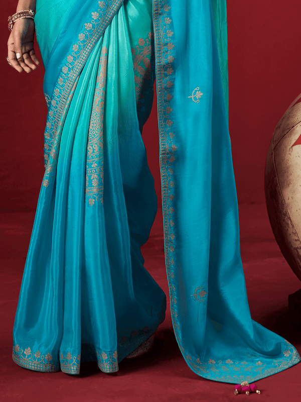 Turquoise Blue Banarasi Dola Silk Saree With Contrast Blouse