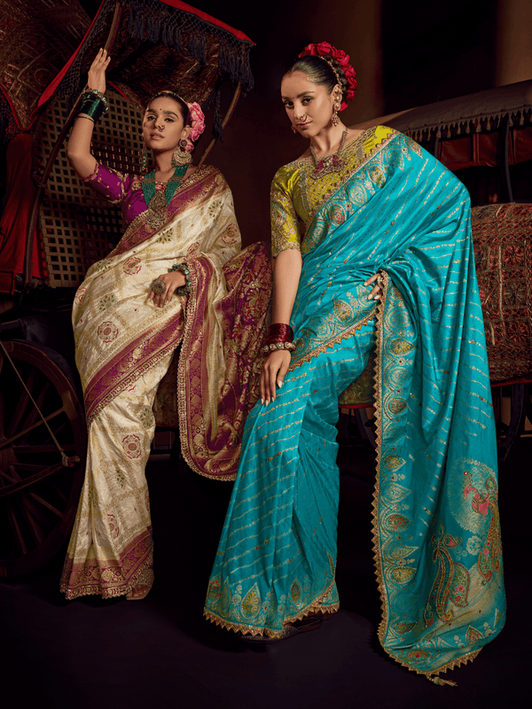 Turquoise Blue Banarasi Dola Silk Saree With Contrast Blouse