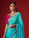 Turquoise Blue Banarasi Dola Silk Saree With Contrast Blouse