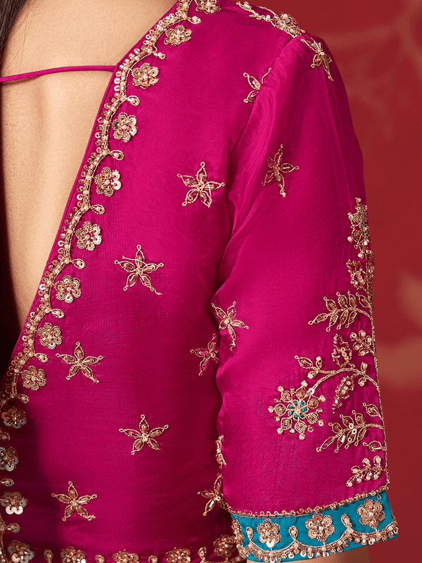 Turquoise Blue Banarasi Dola Silk Saree With Contrast Blouse