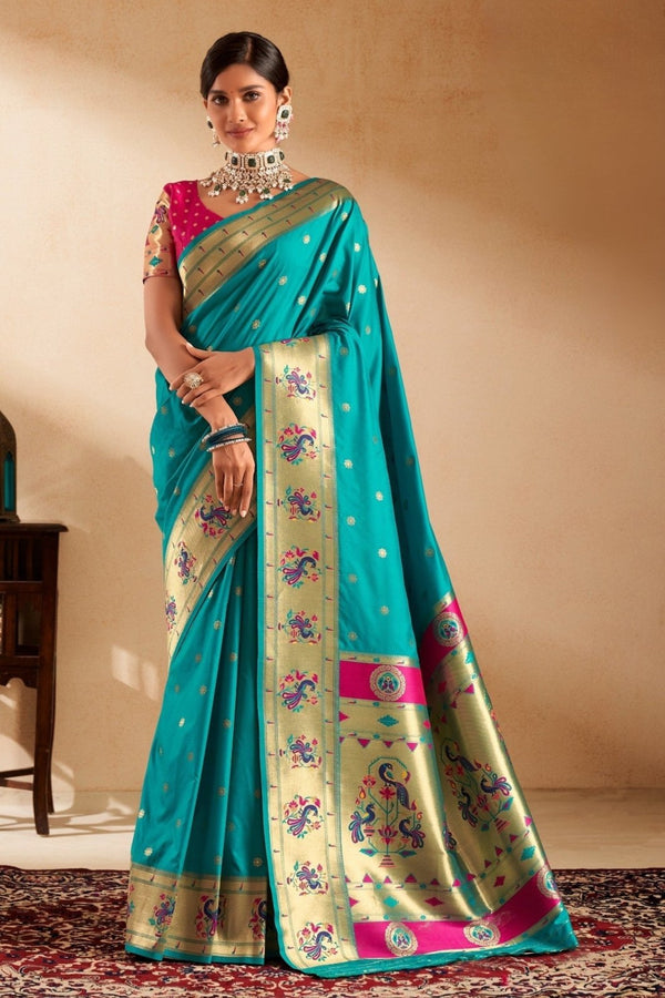 Turquoise Blue Paithani Silk Saree with Gold Zari Peacock Motif Pallu