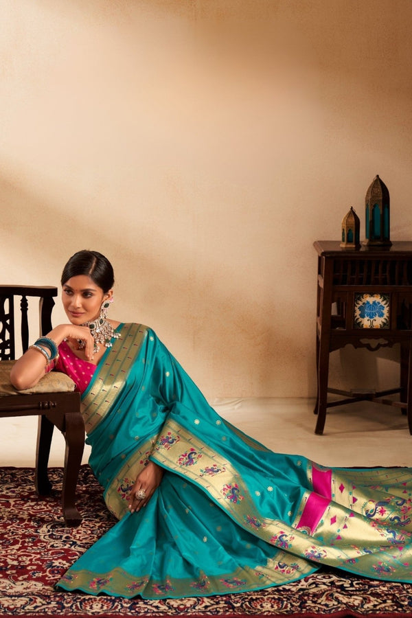 Turquoise Blue Paithani Silk Saree with Gold Zari Peacock Motif Pallu