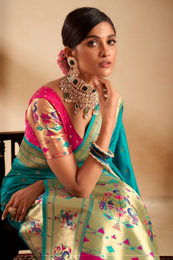 Turquoise Blue Paithani Silk Saree with Gold Zari Peacock Motif Pallu