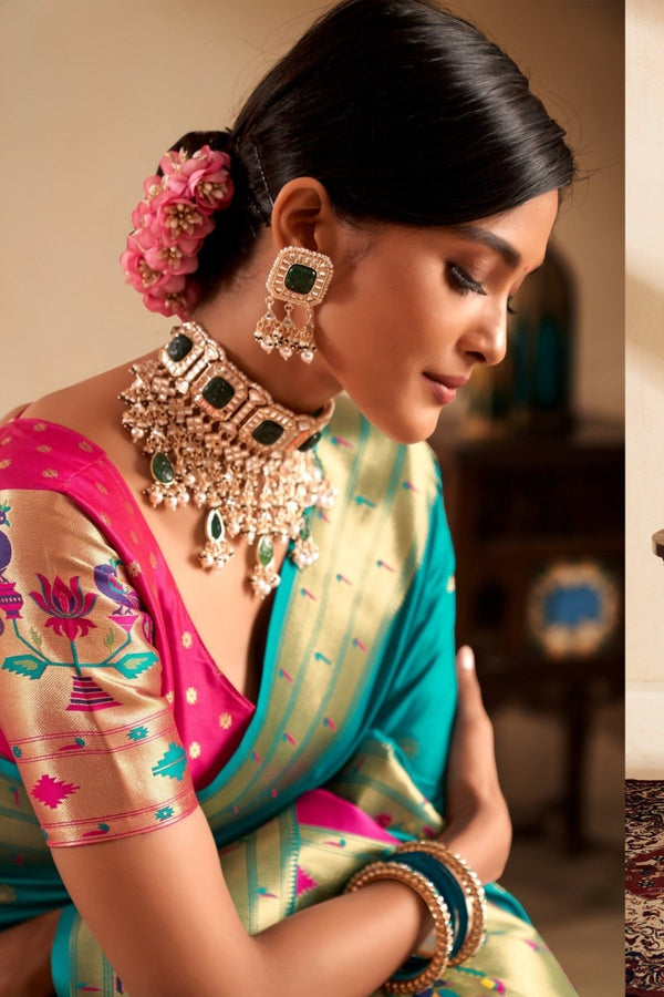 Turquoise Blue Paithani Silk Saree with Gold Zari Peacock Motif Pallu