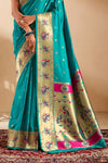 Turquoise Blue Paithani Silk Saree with Gold Zari Peacock Motif Pallu