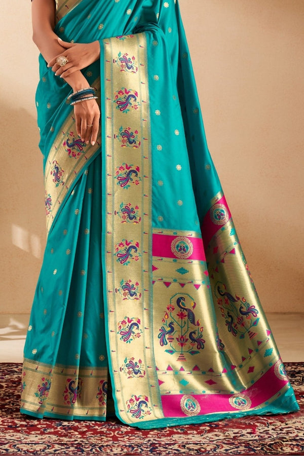 Turquoise Blue Paithani Silk Saree with Gold Zari Peacock Motif Pallu
