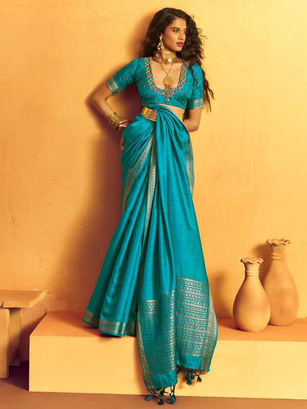 Turquoise Blue Woven Designer Tussar Silk Saree