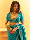 Turquoise Blue Woven Designer Tussar Silk Saree, blouse close-up