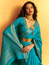 Turquoise Blue Woven Designer Tussar Silk Saree, blouse close-up