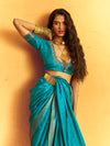 Turquoise Blue Woven Designer Tussar Silk Saree, blouse close-up