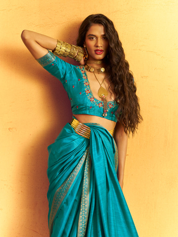 Turquoise Blue Woven Designer Tussar Silk Saree, blouse close-up