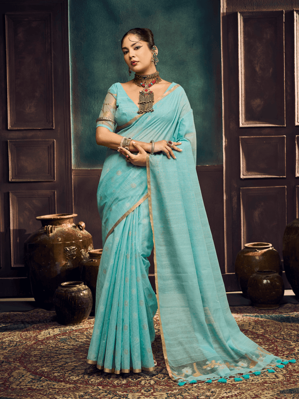 Turquoise Handloom Jamdani Slub Cotton Saree