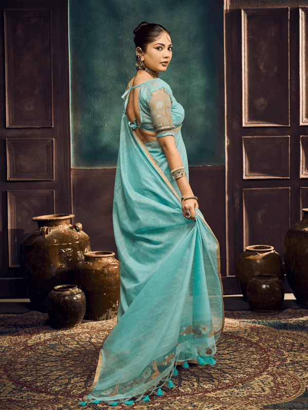 Turquoise Handloom Jamdani Slub Cotton Saree