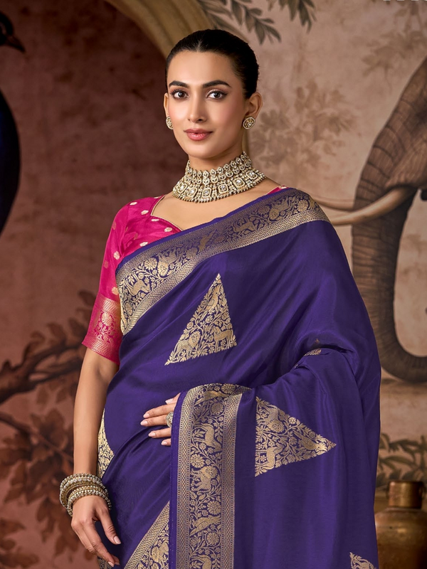 Violet Banarasi Soft Silk Saree With Contrast Blouse