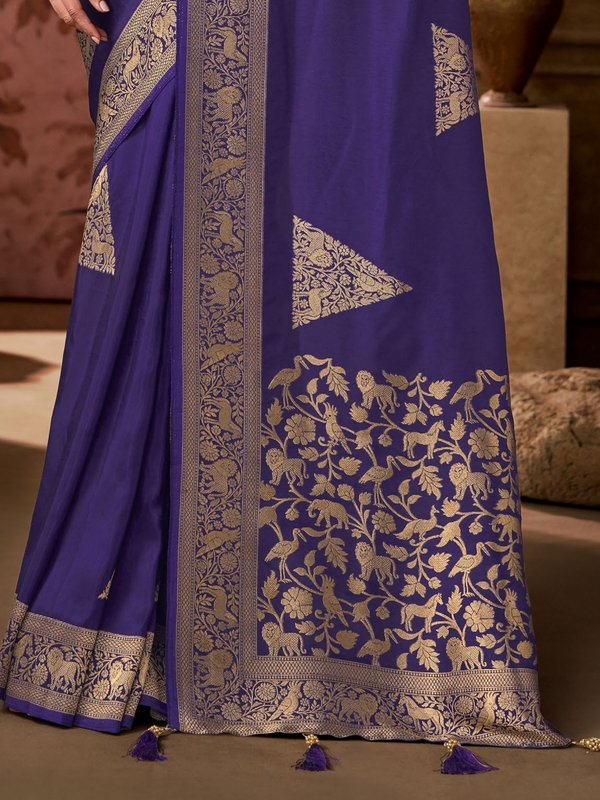 Violet Banarasi Soft Silk Saree With Contrast Blouse