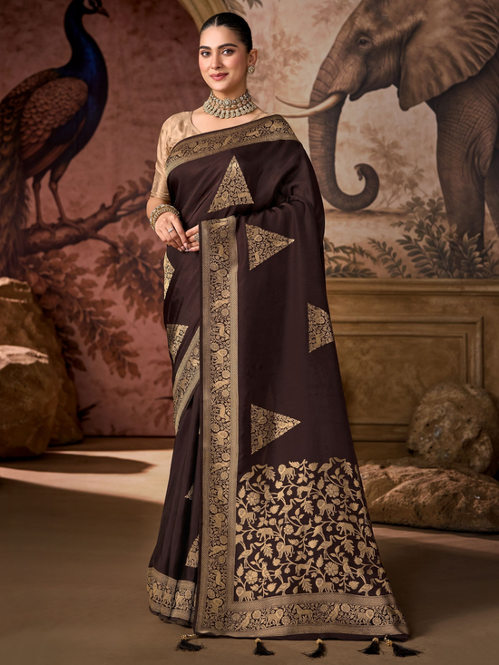 Chocolate Brown Banarasi Soft Silk Saree With Contrast Blouse
