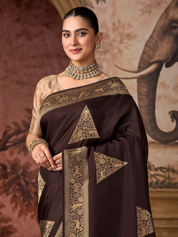 Chocolate Brown Banarasi Soft Silk Saree With Contrast Blouse