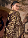 Chocolate Brown Banarasi Soft Silk Saree With Contrast Blouse