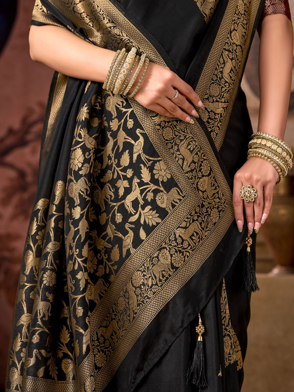 Black Banarasi Soft Silk Saree With Contrast Blouse