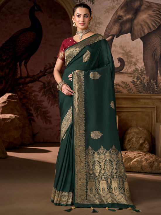 Bottle Green Banarasi Soft Silk Saree With Contrast Blouse
