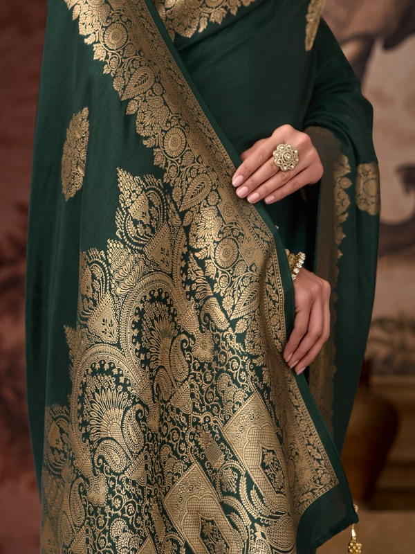 Bottle Green Banarasi Soft Silk Saree With Contrast Blouse
