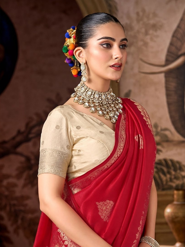 Crimson Red Banarasi Soft Silk Saree With Contrast Blouse