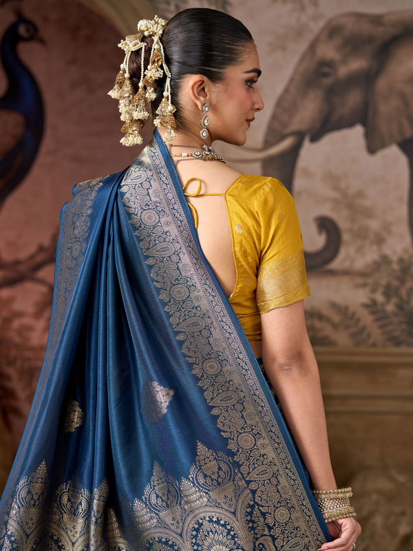 Peacock Blue Banarasi Soft Silk Saree With Contrast Blouse