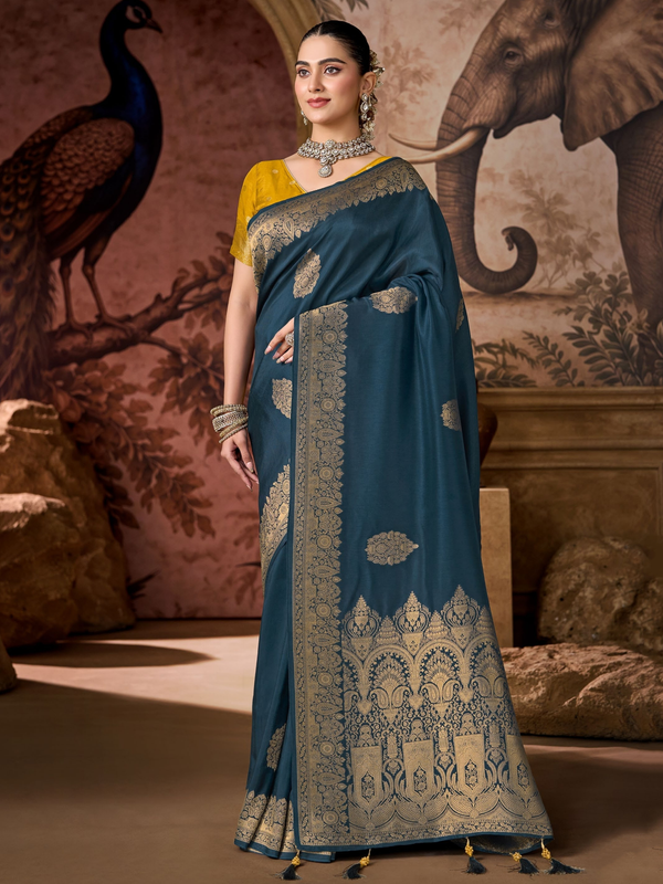 Peacock Blue Banarasi Soft Silk Saree With Contrast Blouse