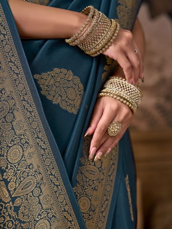 Peacock Blue Banarasi Soft Silk Saree With Contrast Blouse