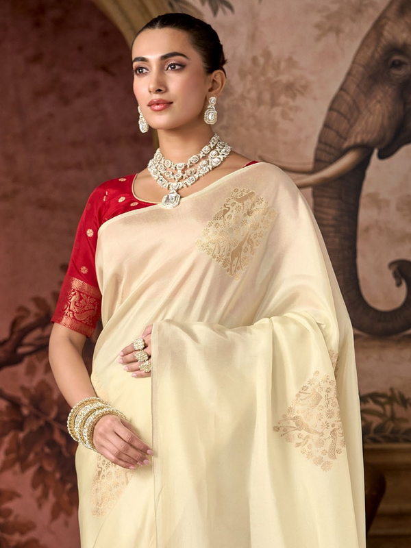 Cream Banarasi Soft Silk Saree With Contrast Blouse