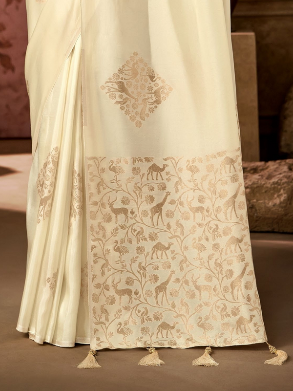 Cream Banarasi Soft Silk Saree With Contrast Blouse