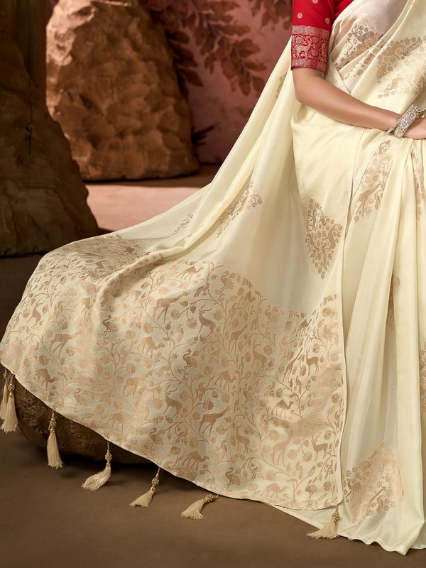 Cream Banarasi Soft Silk Saree With Contrast Blouse