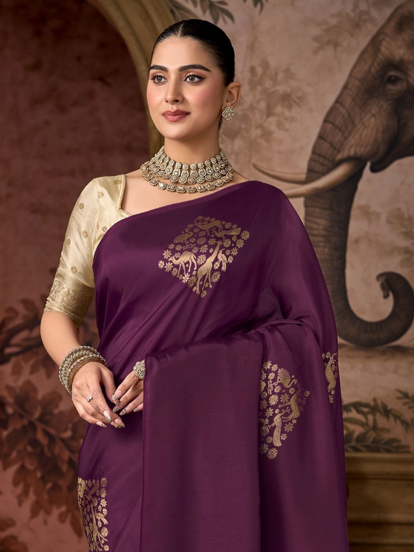 Plum Purple Banarasi Soft Silk Saree With Contrast Blouse