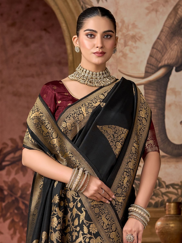 Black Banarasi Soft Silk Saree With Contrast Blouse