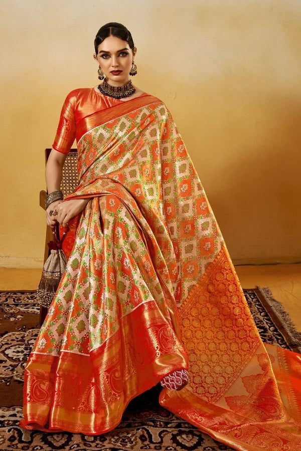 Vibrant Orange and Gold Kanjivaram Silk Saree