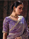 Violet Purple Embroidered Designer Tissue Silk Saree, blouse close-up